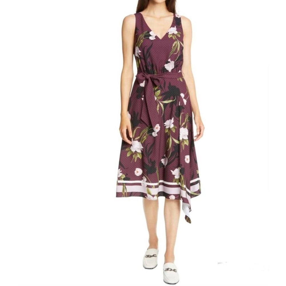 Ted Baker Burgundy Red Alyan Elderflower Print Asymmetrical Tie Dress Size 0 2US